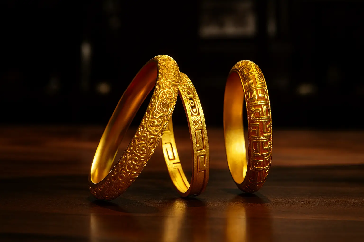 Handcrafted traditional gold bangle showcasing ancient Chinese jewelry-making techniques and vintage aesthetics.