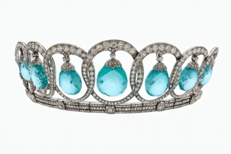 1935 Bulgari Platinum Crown with Aquamarines, featuring a luxurious design of pear-shaped aquamarine gemstones surrounded by diamonds.