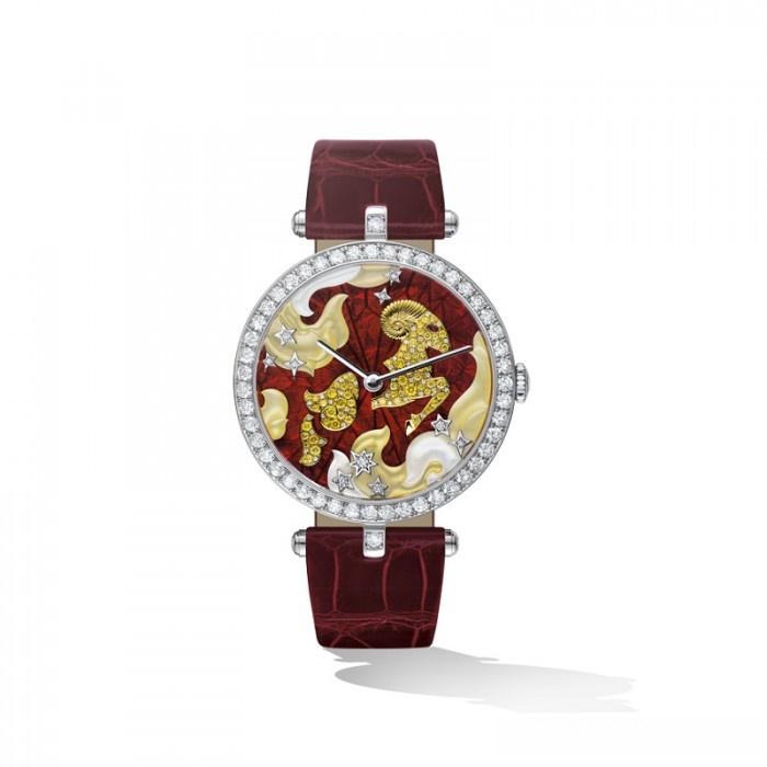 Van Cleef & Arpels Aries zodiac watch with red strap, perfectly embodying the fiery and passionate traits of Aries