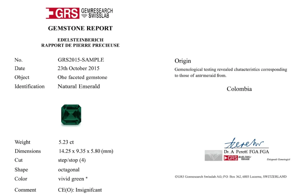 A superb emerald certified by GRS and graded as Vivid Green* (Muzo Green equivalent), denoting the highest color quality.