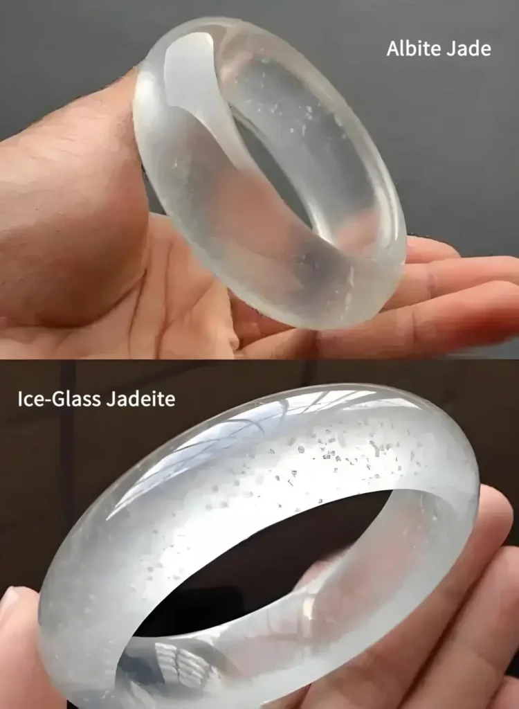 Hands holding an Albite Jade bangle and a genuine Jadeite bangle to compare their relative weights and density.