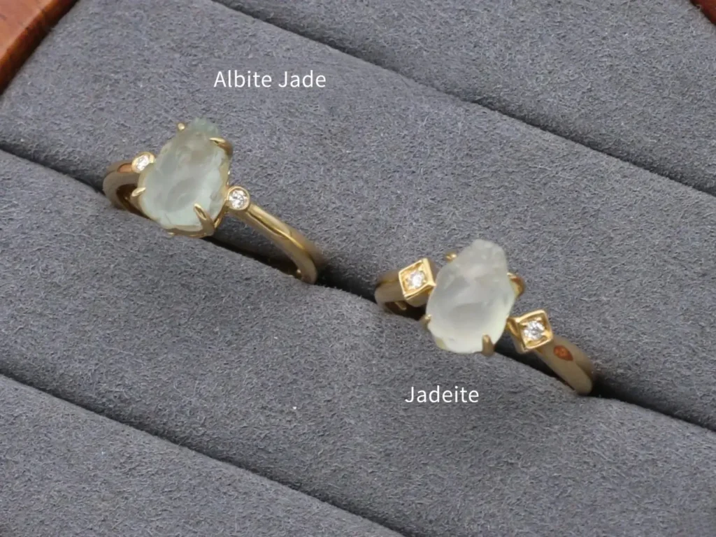Comparison of a genuine, high-density Jadeite ring and the lower-density Albite simulant ring.
