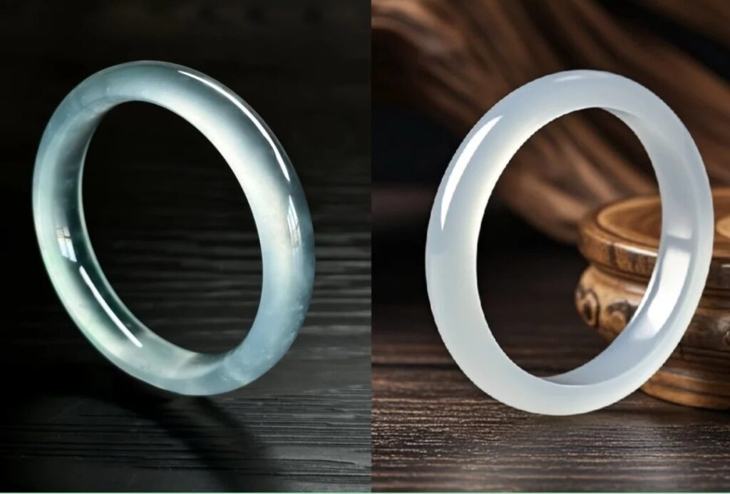 A side-by-side view comparing the appearance of a dyed Green Chalcedony bangle and an untreated, genuine Jadeite bangle.