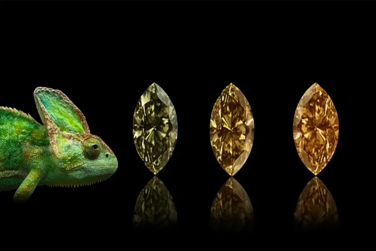 Three dazzling gemstones shifting from olive green to canary yellow based on surrounding temperature or light.