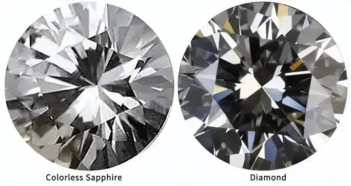 Comparison of a colorless sapphire next to a diamond, highlighting the sapphire's lack of fire.
