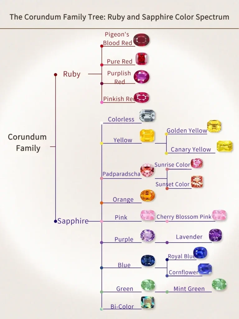 Visual guide to ruby and fancy colored sapphire hues, showing the corundum family's full color range.