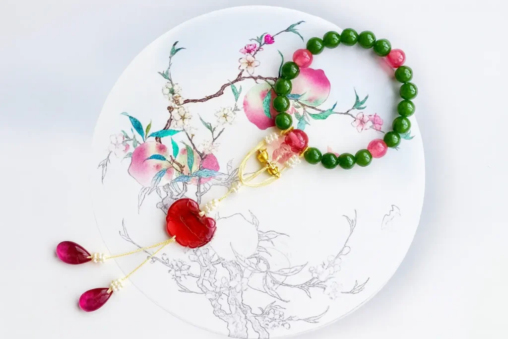 A finely crafted, fully assembled Shibazi Bracelet (Eighteen Beads) showcasing all intricate components and tassels.