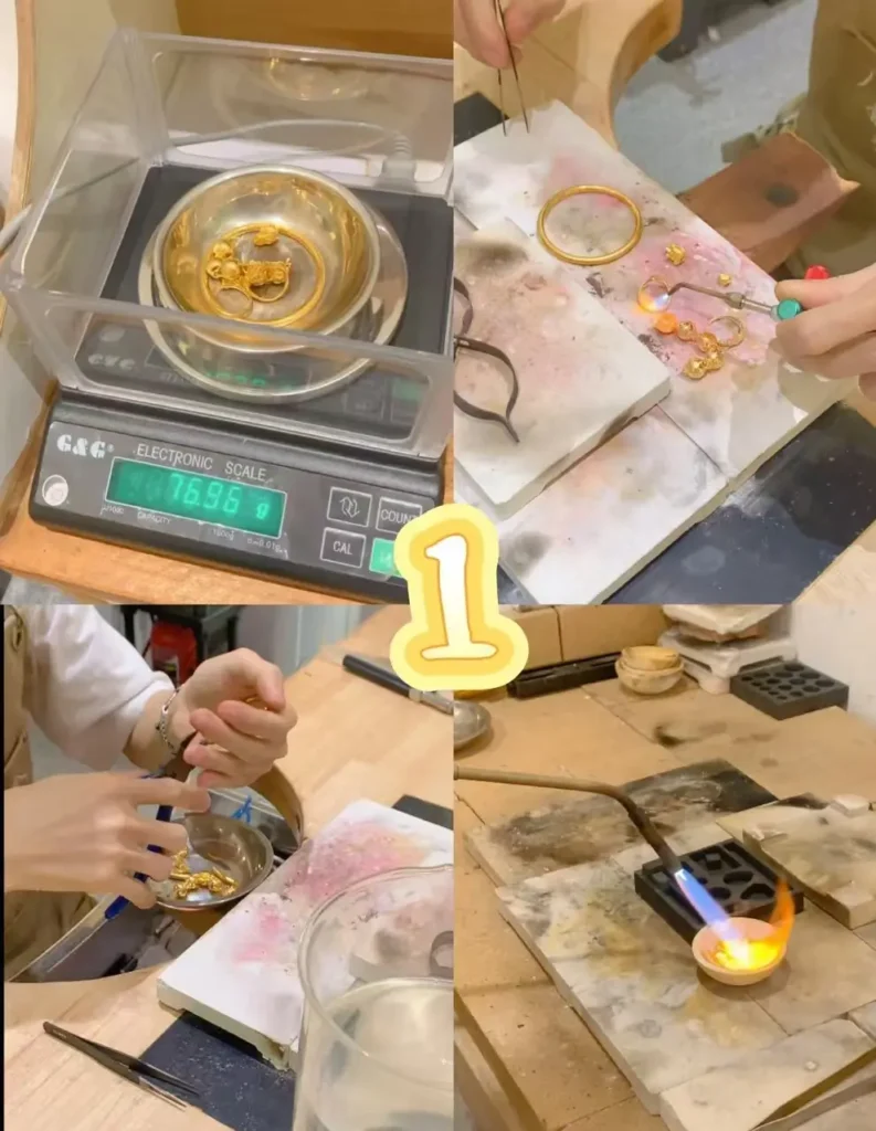 A four-panel process sequence at PeonyJewels workshop: precision weighing of 24K gold, high-heat refining, manual weight balancing, and final gold melting, demonstrating ethical jewelry recasting and craftsmanship.