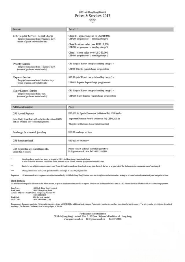 GRS gemstone certificate pricing in Hong Kong 2017 shows fees for standard and express services.
