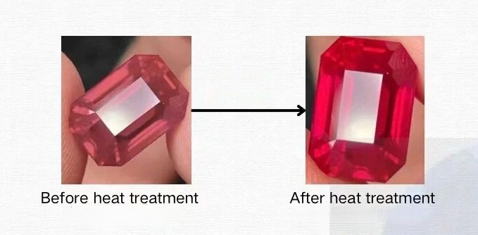 Heated vs unheated ruby side-by-side comparison illustrating common gemstone treatments and enhancements to improve color.