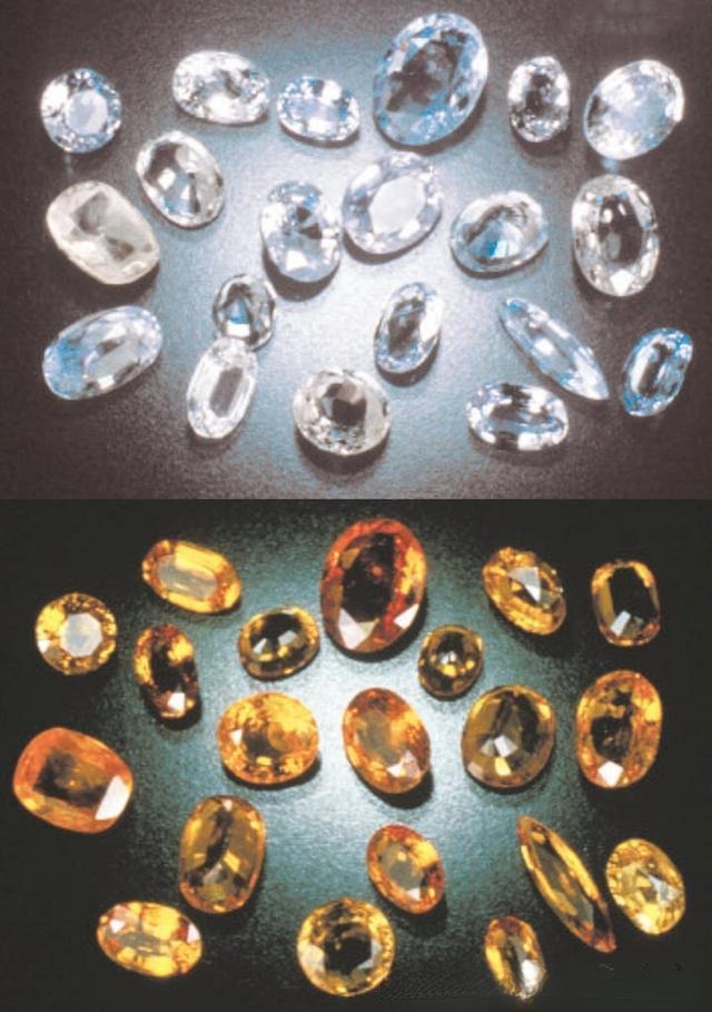 Side-by-side: Top showing the original pale color after fading, bottom showing the intense irradiated golden hue before fading.