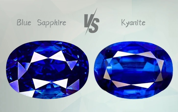 Side-by-side comparison of faceted kyanite and blue sapphire, both showing deep ocean hues and silky luster.
