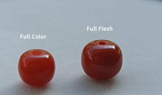 Two southern red agate beads showing full flesh (dense body) versus rich color saturation (full color) side by side.