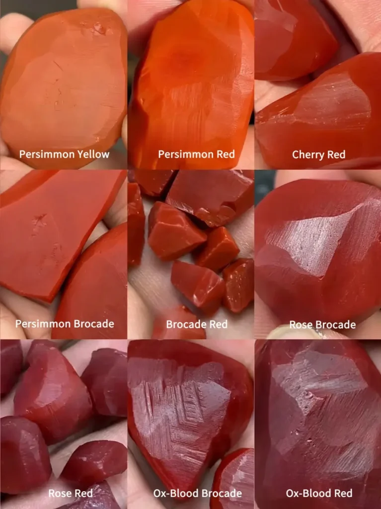 Mosaic displaying nine Southern Red Agate varieties, including Persimmon Red, Jin Red, Rose Red, and Ox-Blood Red.