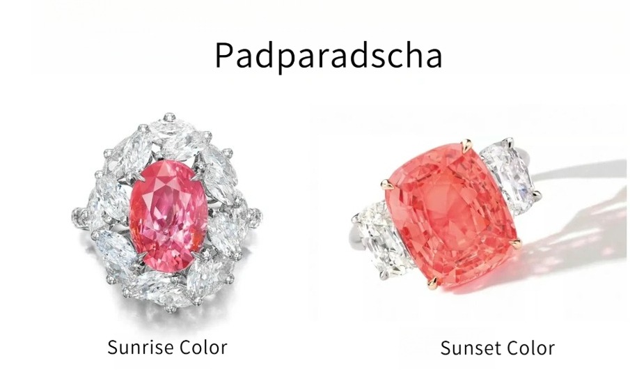 Visual comparison of Padparadscha sapphire color types: Sunrise (pink dominant) and Sunset (orange dominant).
