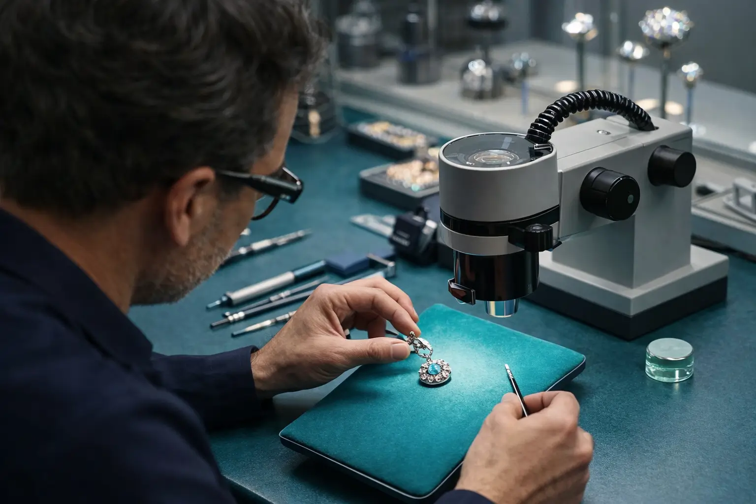 PeonyJewels gemologist inspecting jewelry for certificate verification.