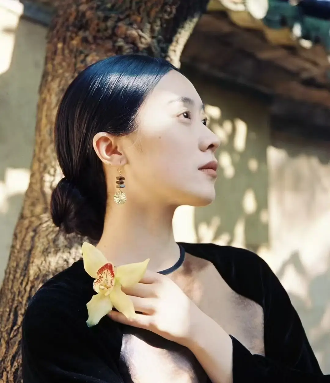 Model wearing Wooden Branch Handmade Vintage Brass Earrings