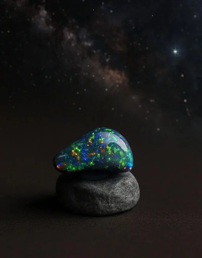 Natural Australian black opal with galaxy-like colors and shooting star patterns, free from treatments.