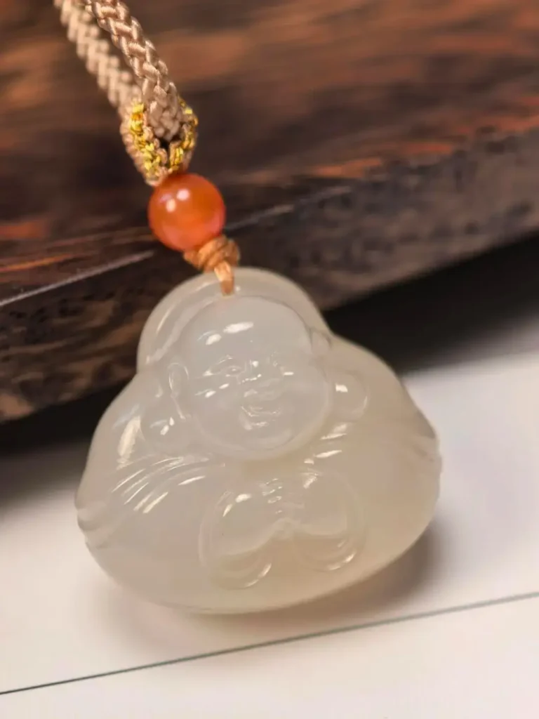 Custom PeonyJewels Lotus Root Pink Hetian Jade "Happy Buddha" pendant, featuring excellent carving and hue.