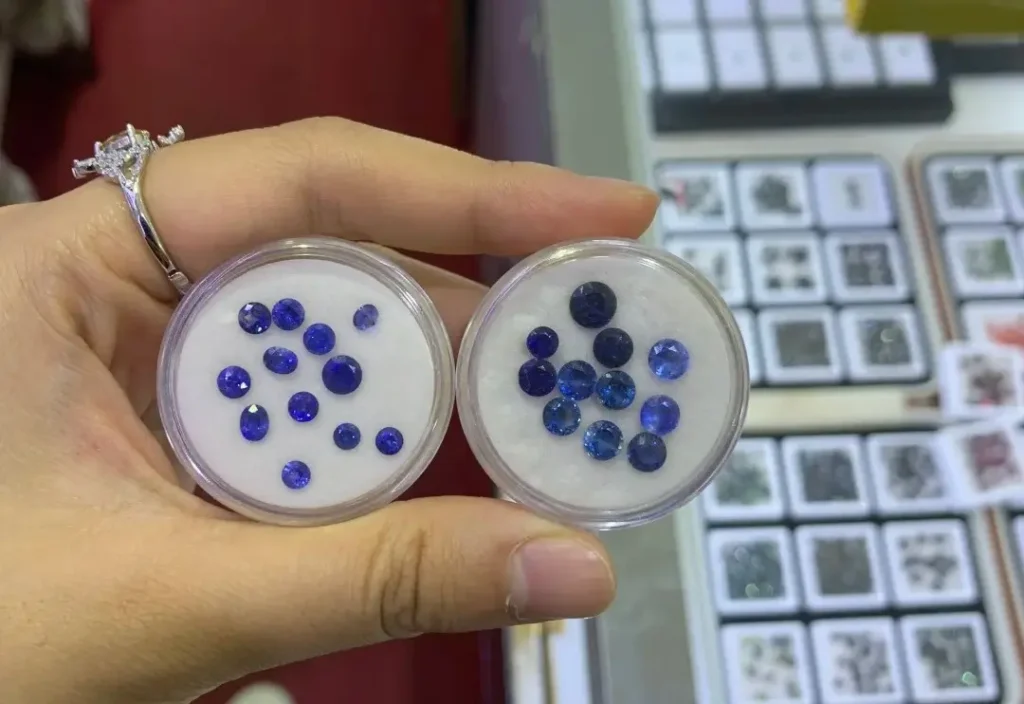 Left: Sapphire parcels; Right: PeonyJewels kyanite parcels. Comparison of deep blue brilliance and saturation.