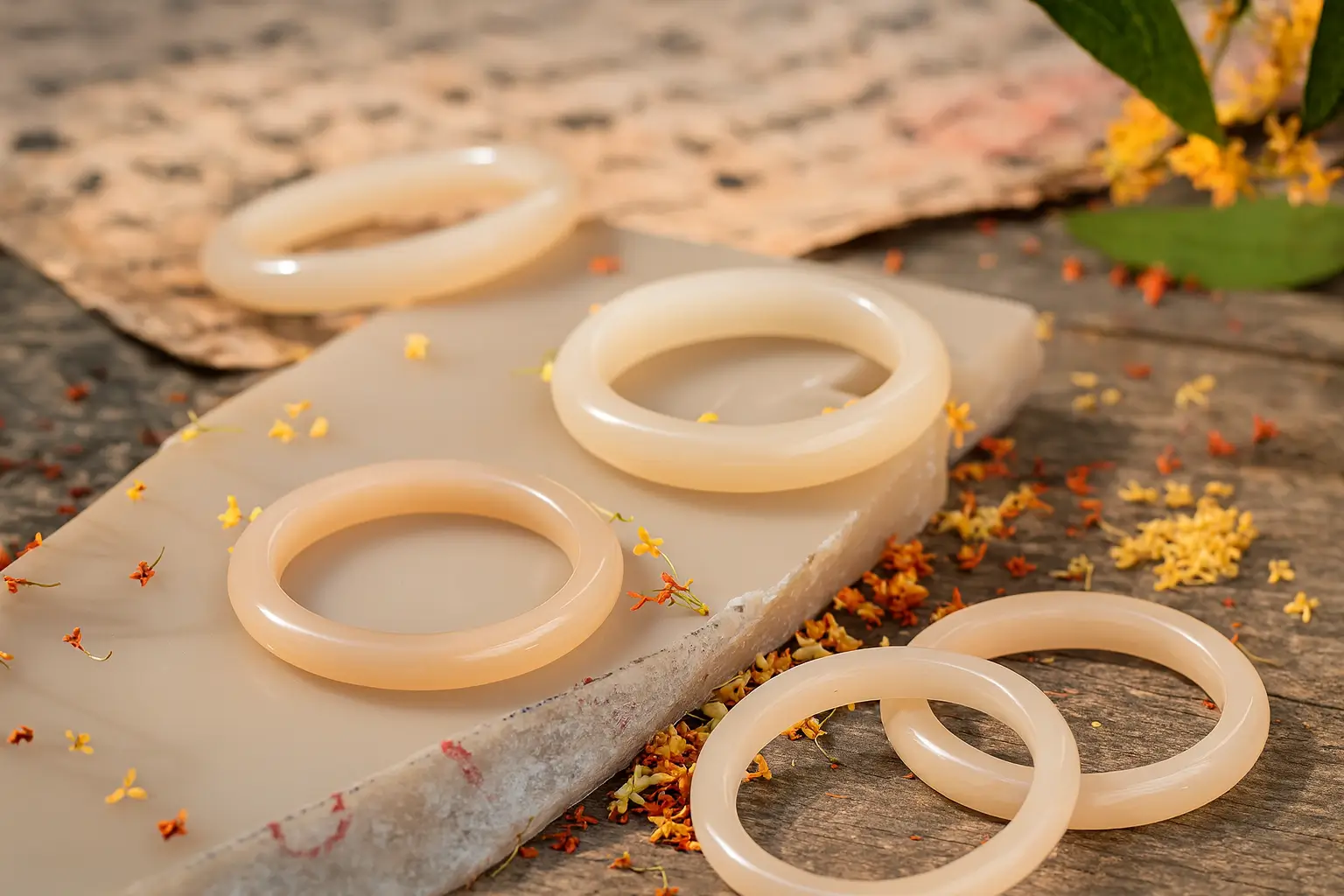 Comparison of Pink Nephrite Jade bangles showing color range from pale "Lotus Root Pink" to saturated warm pink.