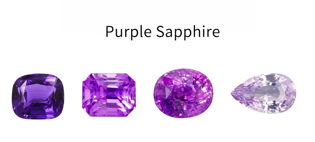 Color chart illustrating the five primary grades of purple(fancy colored )sapphire: Vivid Violet, Violet, Lavender, Vivid Purple, and Purple.