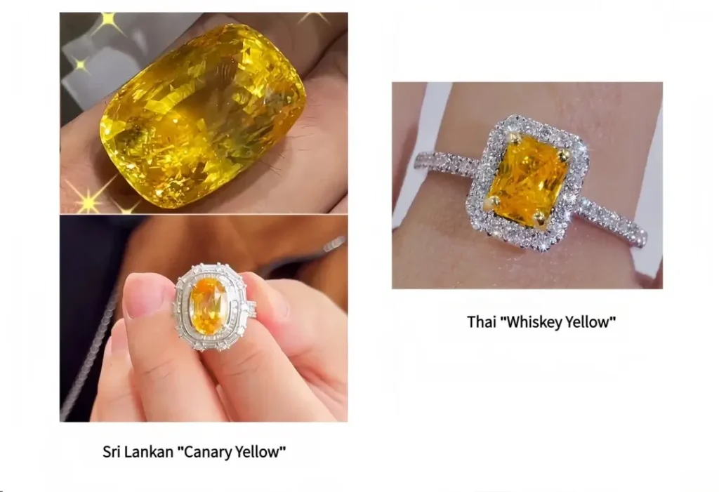 Comparison of a vibrant Sri Lankan Canary Yellow sapphire and a warm honey-toned Thai Whiskey Yellow sapphire.