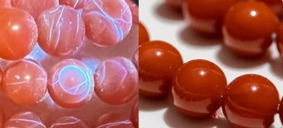 Side-by-side comparison of polymer-treated Southern Red Agate and natural Southern Red Agate showing differences in clarity and texture.
