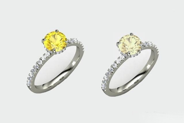 Comparison of a vibrant vivid gem ring next to the same ring showing faded, ghostly pale color.