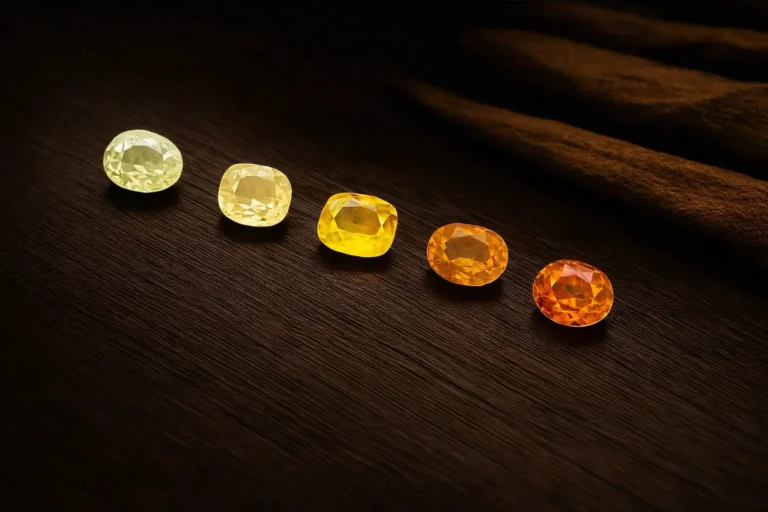 A spectrum of natural yellow sapphires showing various color grades from light lemon to deep vivid golden yellow.