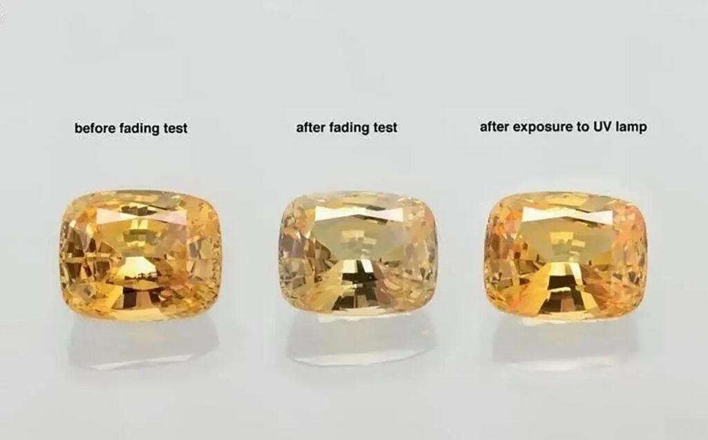 Three gems side-by-side: before fading, after color loss, and the temporary restoration after UV light exposure.