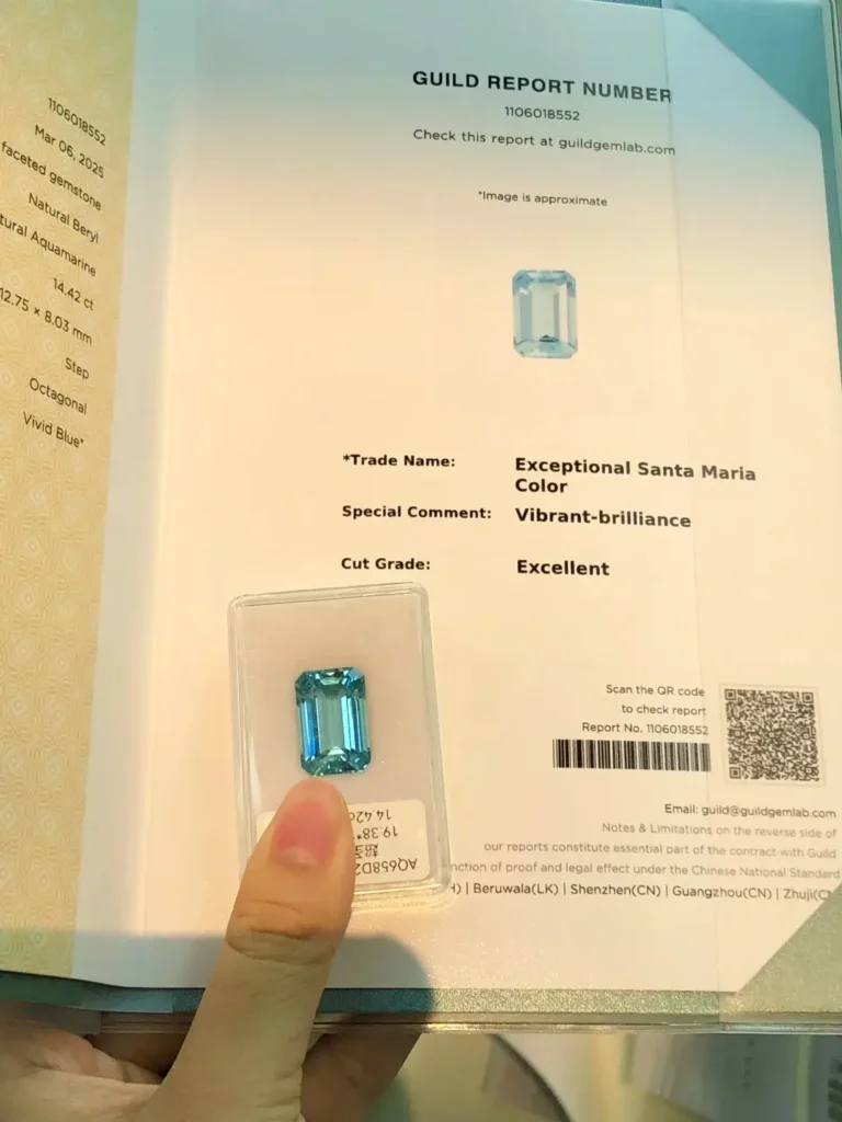 14-carat emerald cut Santa Maria Aquamarine with Vivid Blue brilliance and GUILD certification.