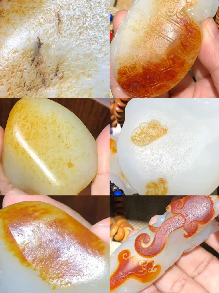 Comparison of authentic natural seed jade skin on the left versus artificial chemically dyed skin on the right.