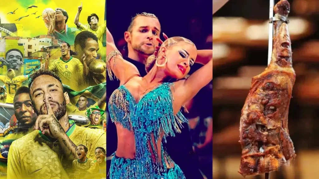 A collage showcasing a Brazilian football stadium, colorful samba dancers, and grilled churrasco meat.