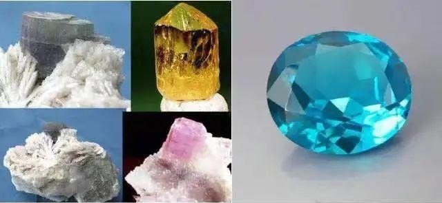 Multi-colored apatite crystals on left; faceted gem-quality blue apatite on right.