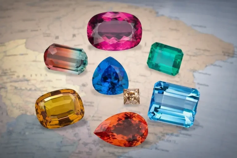A diverse collection of vibrant Brazilian gemstones including emeralds, tourmalines, and topaz.