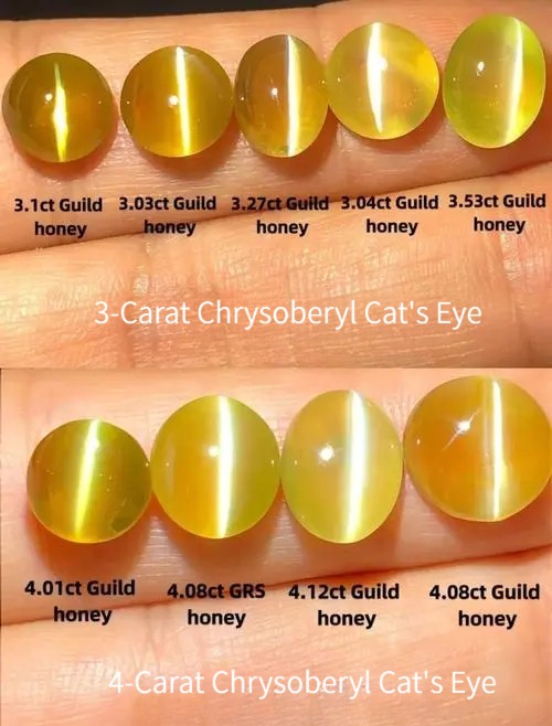Comparison of Chrysoberyl Cat’s Eye gemstones showing semi-transparent stones around 3 carats and over 4 carats.
