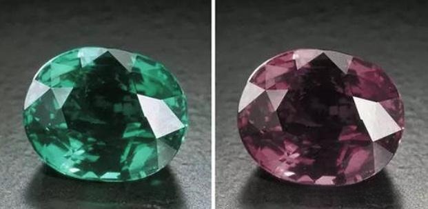 Alexandrite chrysoberyl variety showing distinct color shifts under daylight and warm indoor lighting.