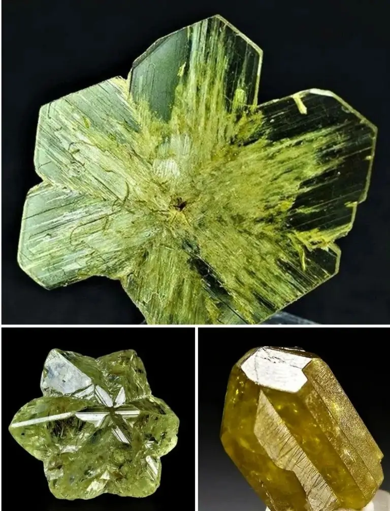 Close-up of a Chrysoberyl crystal showing golden-green color, orthorhombic structure, and natural surface facets.
