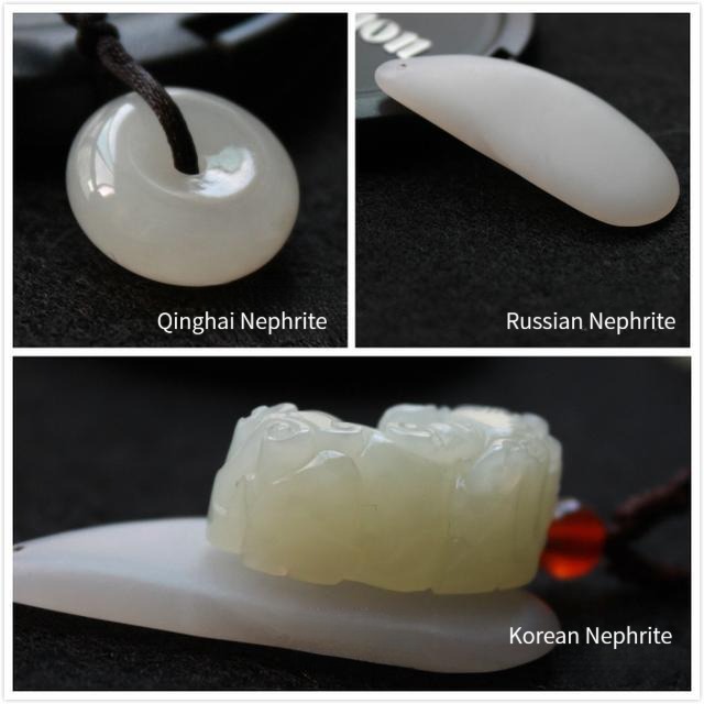 Side-by-side comparison of white jade pendants from Xinjiang, Russia, Qinghai, and Korea showing different lusters.