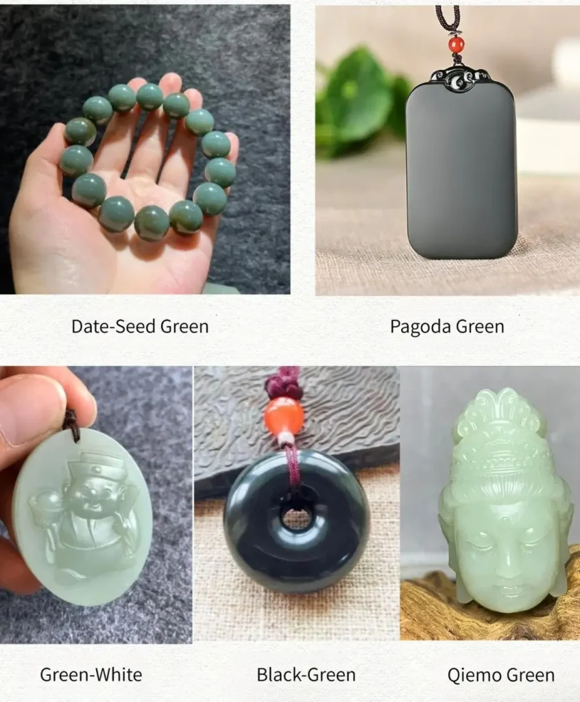 Display of various Qing jade types including Black-Green, Sha Zao Qing, and Pagoda Green.