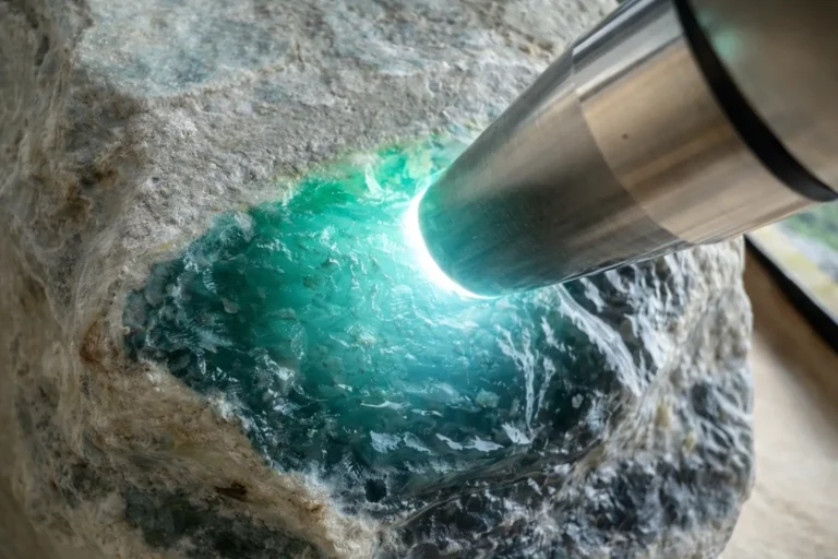 Gemologist uses a high-intensity flashlight to inspect a translucent green Burmese jadeite raw stone.