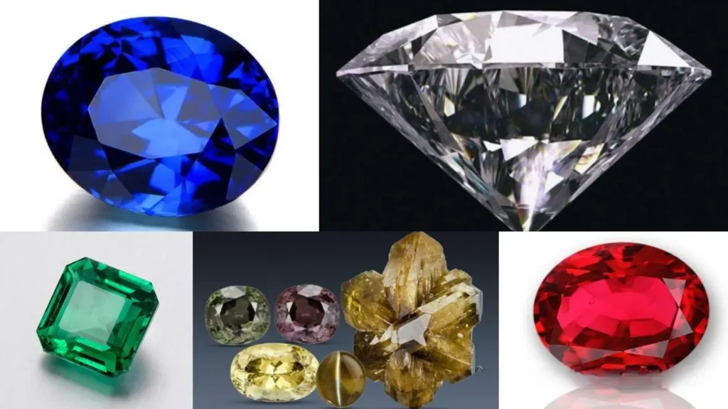 A collection of five precious gemstones: diamond, ruby, sapphire, emerald, and chrysoberyl.