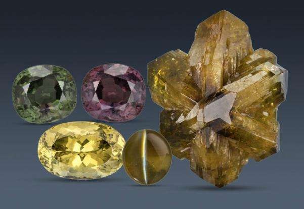 Chrysoberyl varieties: Ordinary Chrysoberyl, Cat's Eye, Alexandrite, and Alexandrite Cat's Eye.