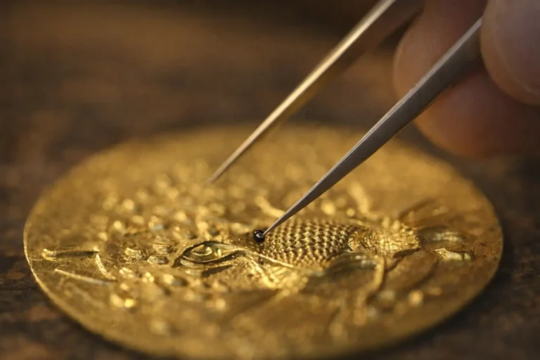 A goldsmith uses precision tweezers to place microscopic gold beads onto a jewelry base.
