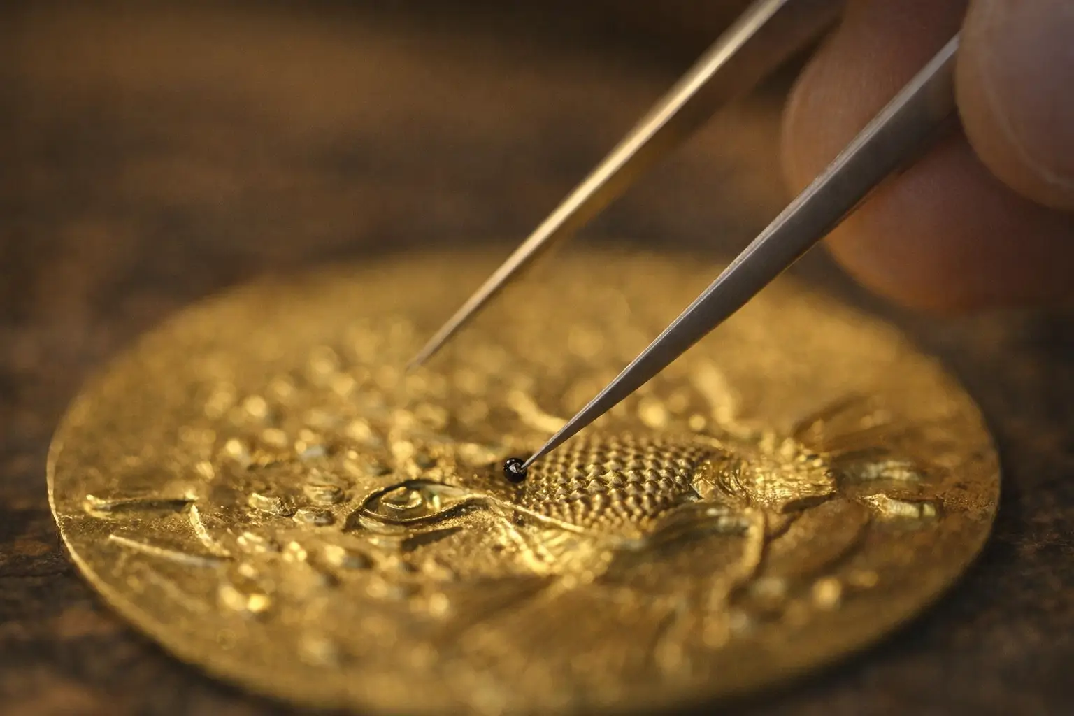A goldsmith uses precision tweezers to place microscopic gold beads onto a jewelry base.