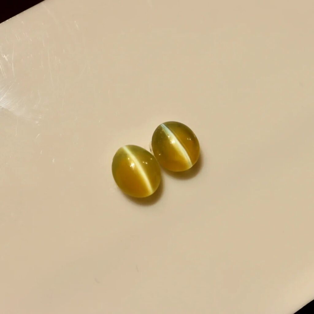 Pair of Chrysoberyl Cat’s Eye gemstones in rich honey color, showing high saturation and sharp, luminous eye lines.
