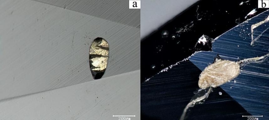 Microscopic view of mineral inclusions and growth patterns inside a Thai spinel gemstone.