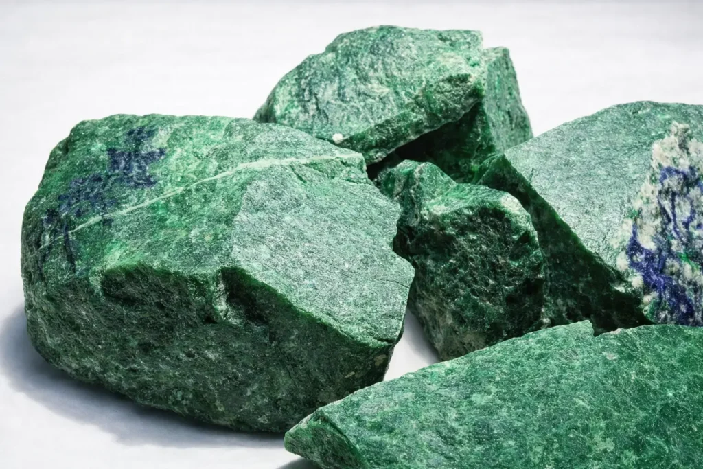 Opaque, intensely dark green Gan Qing jadeite specimen with a visible coarse crystalline texture.