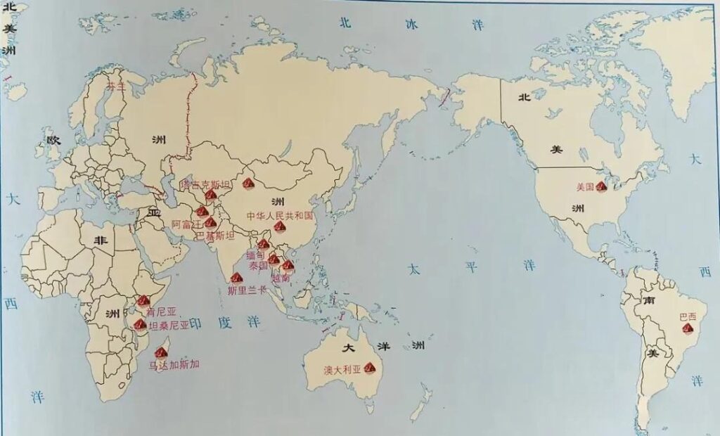 A world map identifying key spinel sources, highlighting Thailand as a critical global gemstone hub.